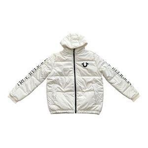 True Religion Winter White Hooded Puffer Jacket Logo Sleeve Women M NWT